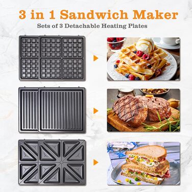 Бутербродниця Bruno 3 в 1, вафельниця, деко для випічки, 1200 Вт, для 4 сендвічів, знімний піддон з антипригарним покриттям, поворот на 180 для швидкого та рівномірного випікання, без бісфенолу А