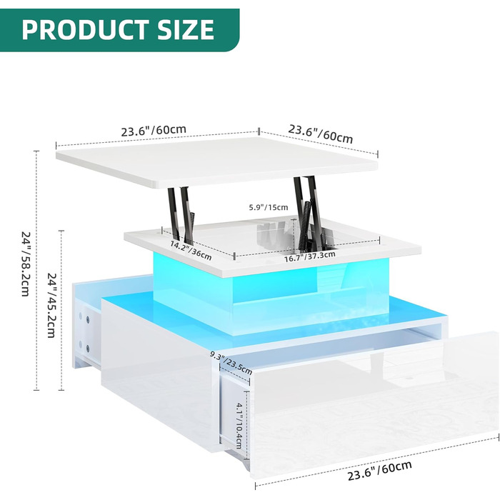 Журнальний столик з регульованою висотою та світлодіодним освітленням, сучасний, 60x60x45 см, глянцевий стіл для вітальні з відкритою полицею та 2 шухлядами, білий