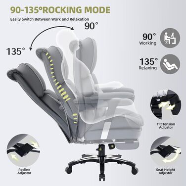 Офісне крісло Efomao, велике та високе крісло зі штучної шкіри X-Embroidery для дому, регульоване ігрове крісло з високою спинкою, поворотне крісло керівника 200 кг з підставкою для ніг та поперековою опорою, сірий 3070eu-grey