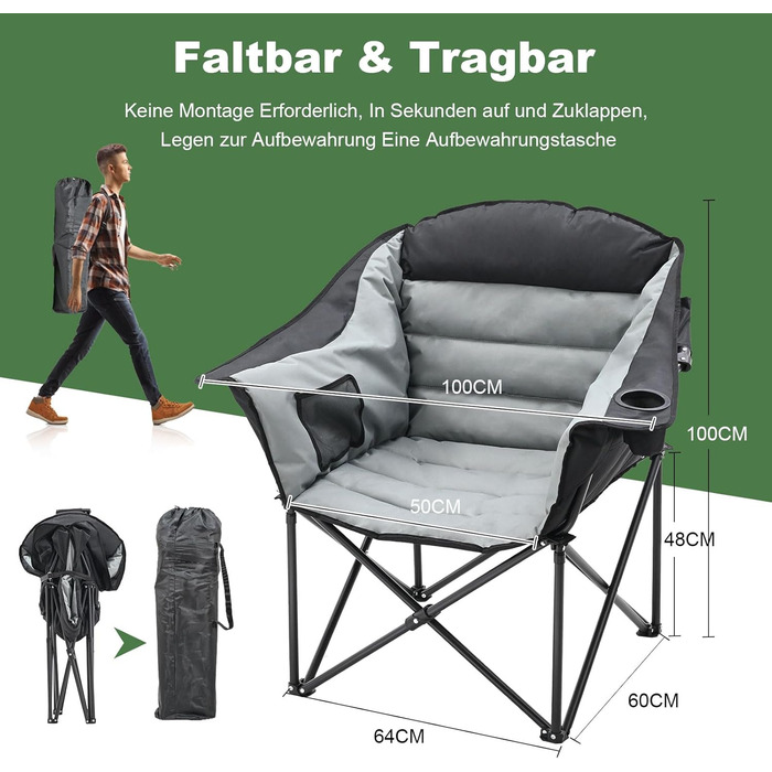 Складане кемпінгове крісло вантажопідйомність 200 кг з подушкою сидіння 6 см - Велике складне рибальське крісло для кемпінгу, саду та фестивалів - Міцне кемпінгове крісло з боковими кишенями та сумкою для перенесення Чорнесіре стандартне кемпінгове крісло