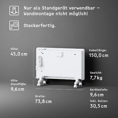 Електричний конвектор STIEBEL ELTRON для приміщень до 25 м, 2 кВт, з електронним керуванням, LC-дисплеєм та роликами, сертифікований TV, енергоощадний (204451)