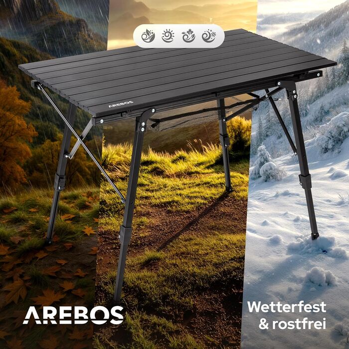 Складаний кемпінговий стіл Arebos 120 x 70 см Складаний стіл з регульованою висотою 58-78 см Аксесуари для кемпінгу, саду, барбекю, пікніка Складаний кемпінговий стіл Дорожній стіл з сумкою для перенесення Чорний