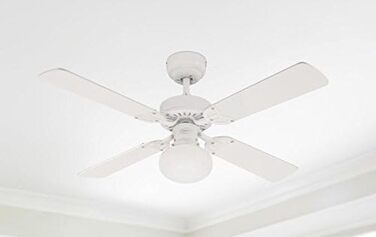 Стельовий вентилятор з підсвічуванням, A до E, металевий, 60 Вт, E27, білий, 105 x 105 x 44,2 см Версія в білому кольорі з реверси