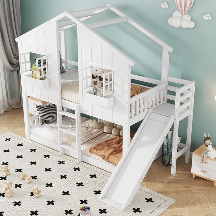 Дитяче двоярусне ліжко 90x200, ліжко-горище, ліжко-будиночок з гіркою, драбиною, вікнами, дахом та ящиком для зберігання, двоярусне ліжко, дерев&39яне ліжко, дитяче ліжко з рейковою основою та поручнями, сосна, без матраца, білий колір
