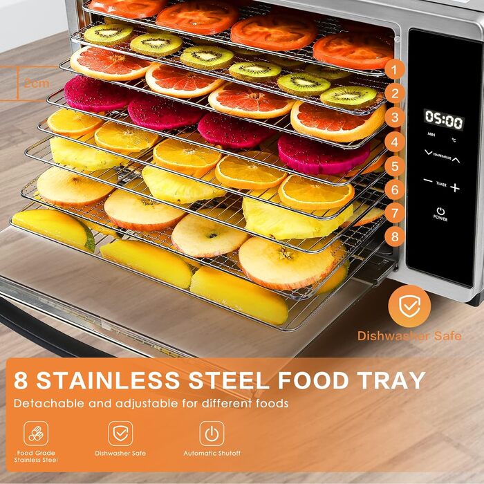 Дегідратор Skyehomo з нержавіючої сталі, дегідратор 650 Вт 0,8 м дегідратор з регулятором температури (35-80 C), таймер на 24 години, 8 рівнів сушильної машини з решіткою з нержавіючої сталі, дегідратор їжі для м'яса, фруктів, овочів, трав