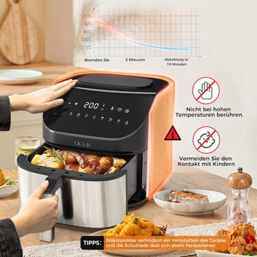 Фритюрниця IKAR Cube XXL 7 л сімейного розміру, фритюрниця 10-в-1, фритюрниця без олії, фритюрниця з сенсорним дисплеєм, можна мити в посудомийній машині, тиха, 4-6 порцій, нержавіюча сталь чорна