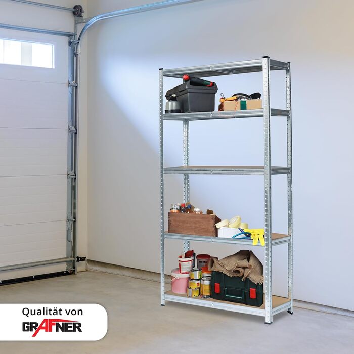 Міцний стелаж Grafner XXL з 5 полицями з МДФ, максимальне навантаження 875 кг, сертифікований TV/GS, закруглені кути, 90x40x180 см, стелаж без ригелів, полиця для зберігання, полиця для підвалу