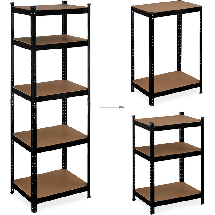 Чорний надміцний стелаж Relaxdays, висота та довжина 180x60x45 см, 500 кг, 5 полиць, для підвалу, гаража, модульна полиця для зберігання, сталь, 80, чорний