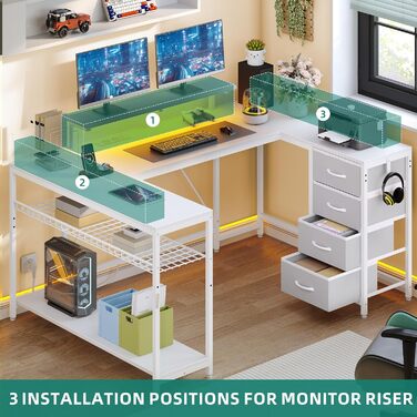 Кутовий стіл YITAHOME з 4 шухлядами та місцем для зберігання, ігровий стіл зі світлодіодним освітленням та підставкою для монітора для домашнього офісу, двосторонній кутовий стіл з 2 розетками та 2 портами зарядки USB, 158 см, білий 158 x 100 x 90 см