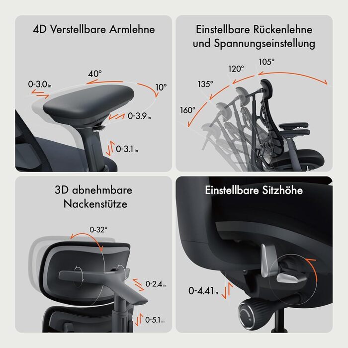 Ергономічне офісне крісло LiberNovo з підставкою для ніг регульоване, адаптивна поперекова підтримка, кут нахилу 160, інтегрована система розтяжки хребта, чорне, глибина сидіння 48 см, колір Північний чорний, крісло 48 см підставка для ніг