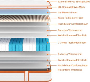 Матрац TeQsli з гелевими пружинами 140x200 см, висота 25 см, 7-зонний пружинний матрац з гелевою піною з ефектом пам&39яті, ергономічна підтримка та зняття тиску, H3 H4, сертифікований Oeko-Tex та CertiPUR, 25 см, 140 x 200 см