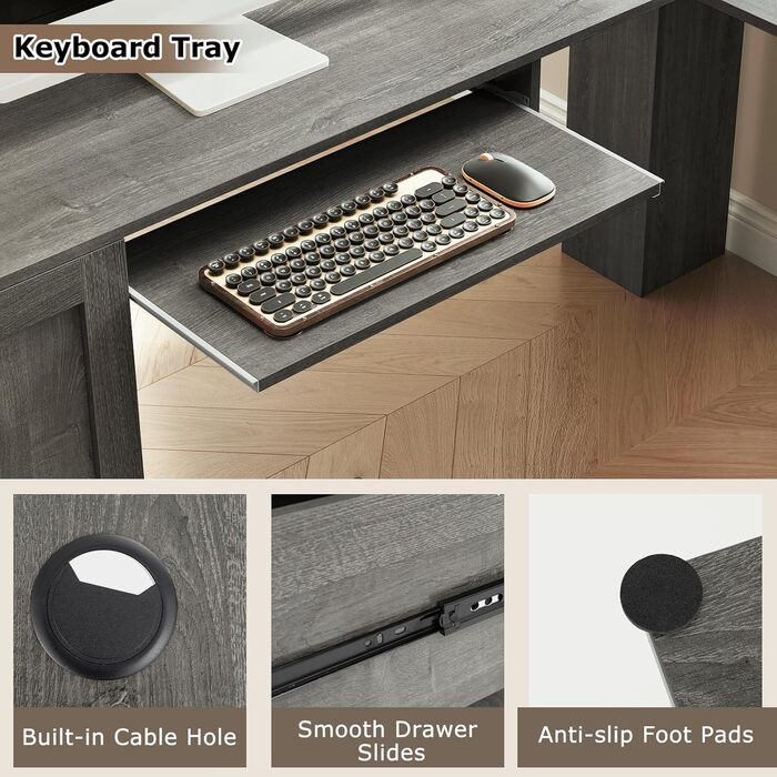 Комп&39ютерний стіл GIANTEX L-подібної форми з вбудованою зарядною станцією, кутовий стіл з підставкою для клавіатури та висувними шухлядами, офісний стіл для 2 осіб з шафою для зберігання та регульованою полицею (сірий)