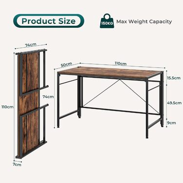 Складаний комп&39ютерний стіл 110 x 50 см Складаний комп&39ютерний стіл зі сталевим каркасом Компактний ПК-стіл Водонепроникний стіл для домашнього офісу, кабінету (ретро-коричневий) 50 x 100 см Ретро-коричневий