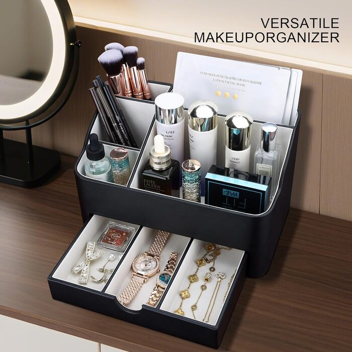 Органайзер для косметики KINGFOM, органайзер для макіяжу зі штучної шкіри з шухлядою, органайзер для догляду за шкірою для туалетного столика (чорний)