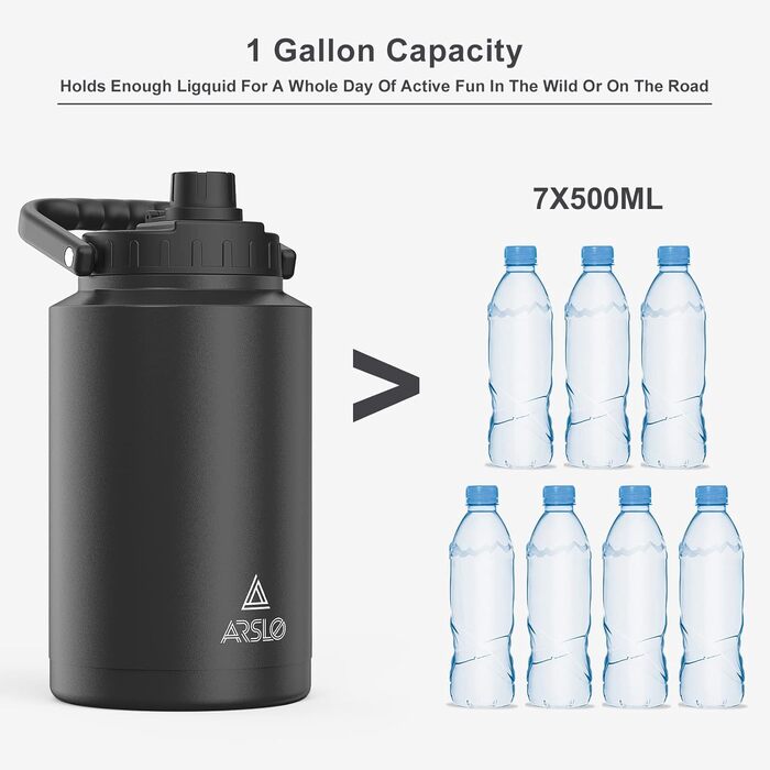 Пляшка для води Arslo 1 галон, великий ізольований глечик для води з ручкою, пляшка для води з нержавіючої сталі 1 літр, чорна, гл