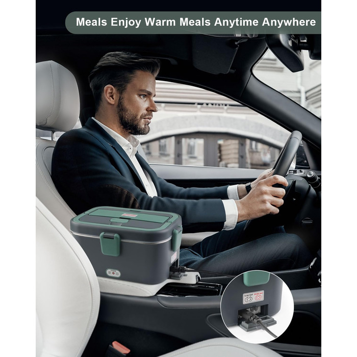 Електричний ланч-бокс AUTOPkio 1,8 л 80 Вт, 12 В/24 В/220 В, великий підігрів їжі з сумкою, виделкою та ложкою з нержавіючої сталі для автомобіля, вантажівки, офісу, сірийзелений