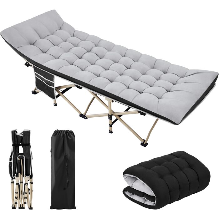Розкладне кемпінгове ліжко Yaheetech з матрацом, гостьове ліжко з сумкою для перенесення та бічною кишенею, 191 x 67 см, садовий шезлонг, вантажопідйомність до 150 кг, сірий матрац чорний каркас ліжка