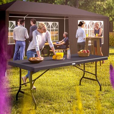 Складаний садовий стіл Casaria, кемпінговий стіл з поліратангу, 180x75 см, водонепроникний, ручка для перенесення, складний стіл, пластиковий стіл, садовий, балконний, кемпінговий, фуршетний стіл, чорний, вигляд чорного ротанга