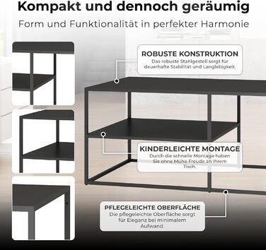 Журнальний столик Solund, приставний столик, металевий, чорний, стіл для вітальні з місцем для зберігання, 90 x 60 x 45 см, прямокутний диван-столик, журнальний столик, чорний, 90 x 60 x 45 см - 1 полиця