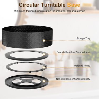 Обертова підставка для спецій Romon, 2-рівнева кухонна полиця з тримачем для паперових рушників, органайзер для спецій з кульковими підшипниками з нержавіючої сталі та протиковзкими ніжками, для кухонних шаф та стільниці, чорна