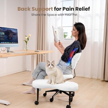 Офісний стілець зі схрещеними ніжками, поворотний на 360, ергономічний стілець для коліна, хрестоподібний офісний стілець з регульованою висотою, стілець для медитації з СДУГ та спинкою, вельветова тканина, білий ребристий вельвет