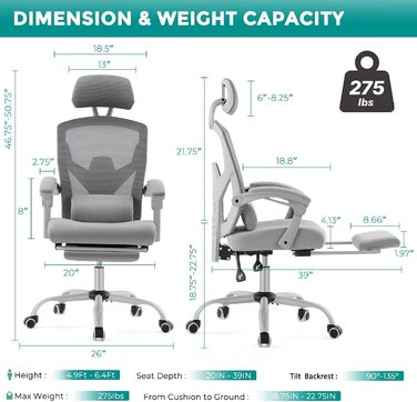 Ергономічне офісне крісло DUMOS, письмове крісло зі зручними підлокітниками, оснащене зручною поперековою опорою та підставкою для ніг, підходить для домашнього використання, C-3509-сірий, 50,75 x 39 x 26 дюймів