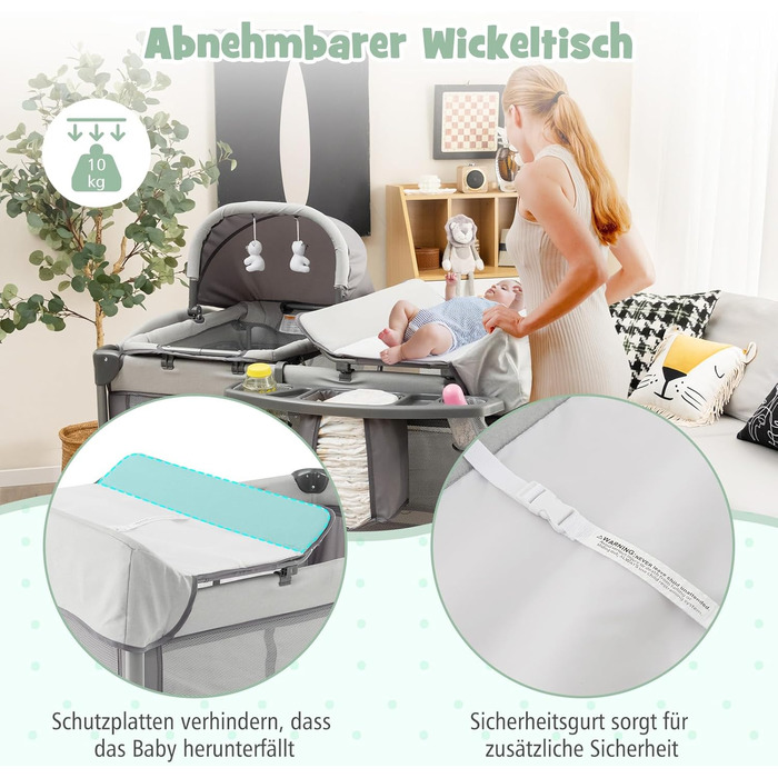 Дорожнє ліжечко 5-в-1 для немовлят з матрацом, 110 x 78 см, Ліжечко Side-by-Side з колискою та пеленальний килимок, Повний комплект дитячого ліжка для новонароджених та дітей до 36 місяців (сірий)