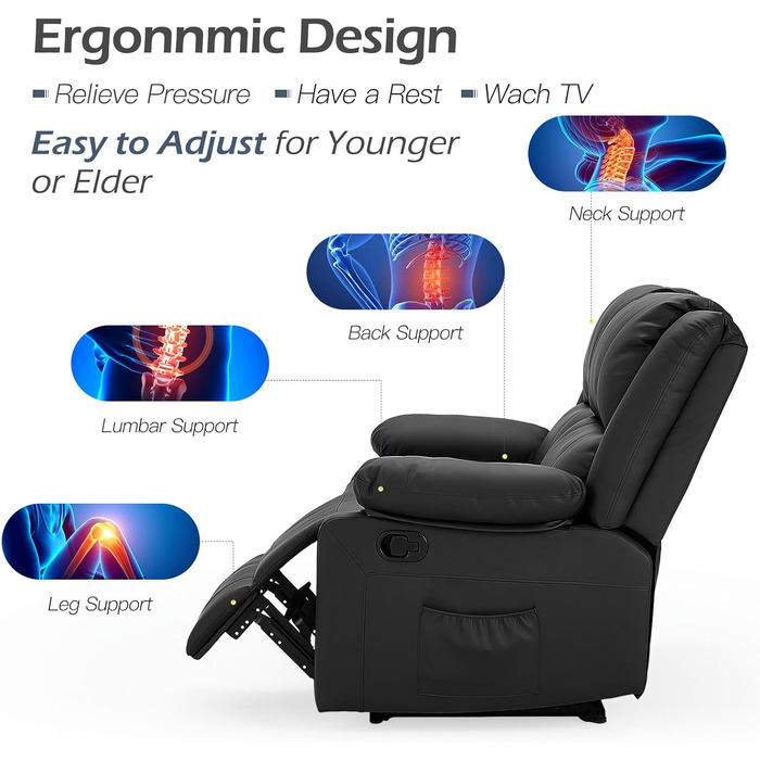 Крісло-реклайнер UNIONLINE з функцією відкидання, ергономічне крісло для телевізора, витримує навантаження до 150 кг, сучасне крісло зі штучної шкіри з ручним керуванням, бічні кишені, підставка для ніг (чорне)