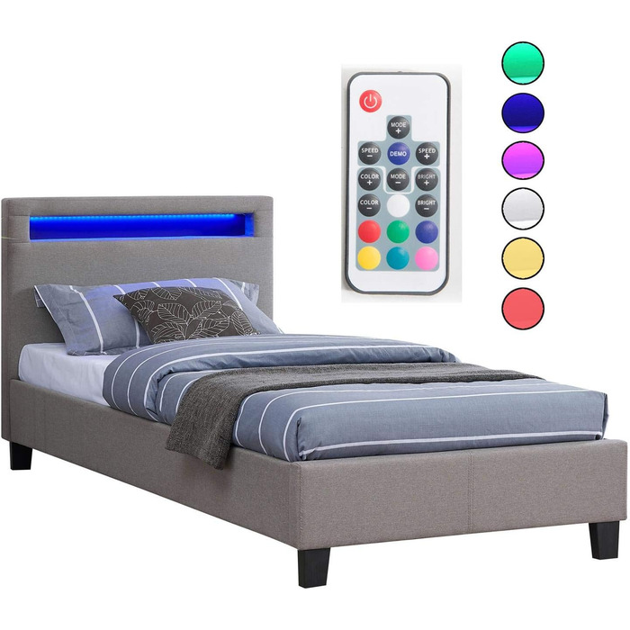 М'яке ліжко Гімалаї зі світлодіодним підсвічуванням односпальне молодіжне ліжко 90x200 см з рейковим каркасом, в сірому тканинному