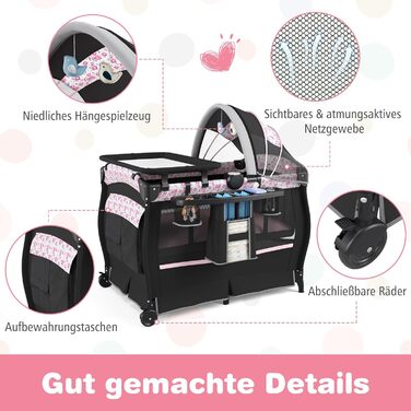 Дорожнє ліжечко COSTWAY 5 в 1 з матрацом, складне приліжкове ліжечко з регульованим балдахіном, дитяче ліжечко з пеленальний килимок, музичний мобіль та сумка для перенесення, дитяче дорожнє ліжечко до 15 кг (рожеві квіти)