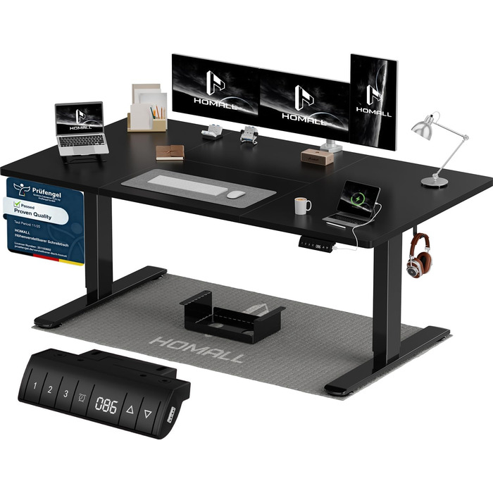 Стіл Homall з регульованою висотою 160x80 см з портом зарядки USB-A, електричний стіл з лотком для кабелів, стіл для роботи стоячи з 3 функціями пам&39яті, комп&39ютерний стіл чорного кольору 160x80см чорний