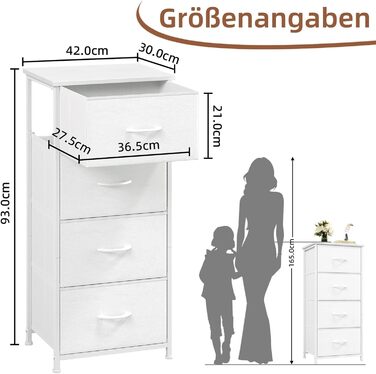 Комод Somdot, комод для спальні, вітальні, коридору, комод, шафа для зберігання, тканинний комод, 4 тканинні шухляди, білий, 30Г x 42Ш x 93В см, біла шкіра 30Г x 42Ш x 93В см (4 шухляди)