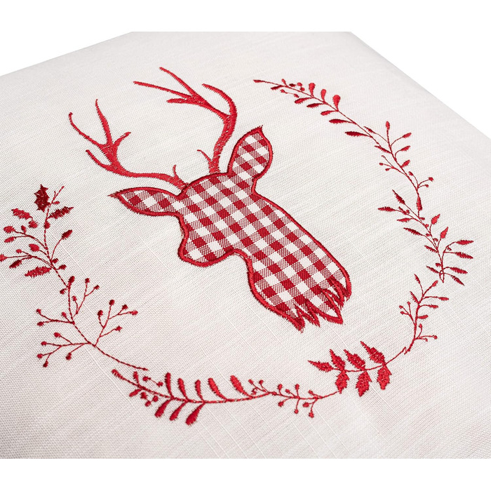 Бежева соснова подушка з вишивкою оленя, розмір 40х40 см, наповнена сосновою стружкою зі швейцарської сосни (червоного кольору)