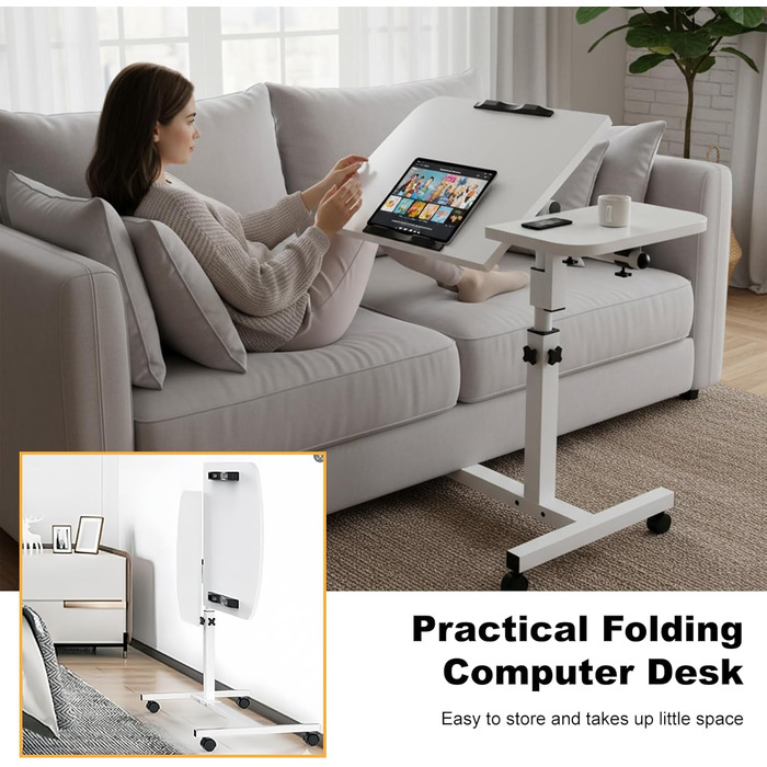 Мобільний столик для ліжка на колесах, регульована висота бічного столика 60-90 см та кут нахилу, столик для догляду за ліжком, столик для ноутбука, столик для дивана на колесах, столик для стояння зі звукоізоляцією (білий)