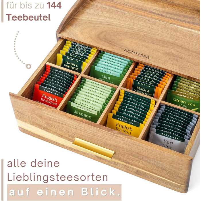 Чайна скринька з дерева акації Стильне сховище для чаю з шухлядою 8 великих відділень (до 144 чайних пакетиків) Органайзер для чайних пакетиків з полицею Розміри 33 см x 20 см x 13 см