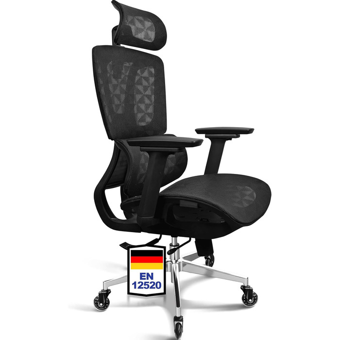 Ергономічне офісне крісло, 4D підлокітники, регульована глибина сидіння, 4 рівні нахилу, гумові ролики, вантажопідйомність 150 кг, сітчасте сидіння, висока спинка