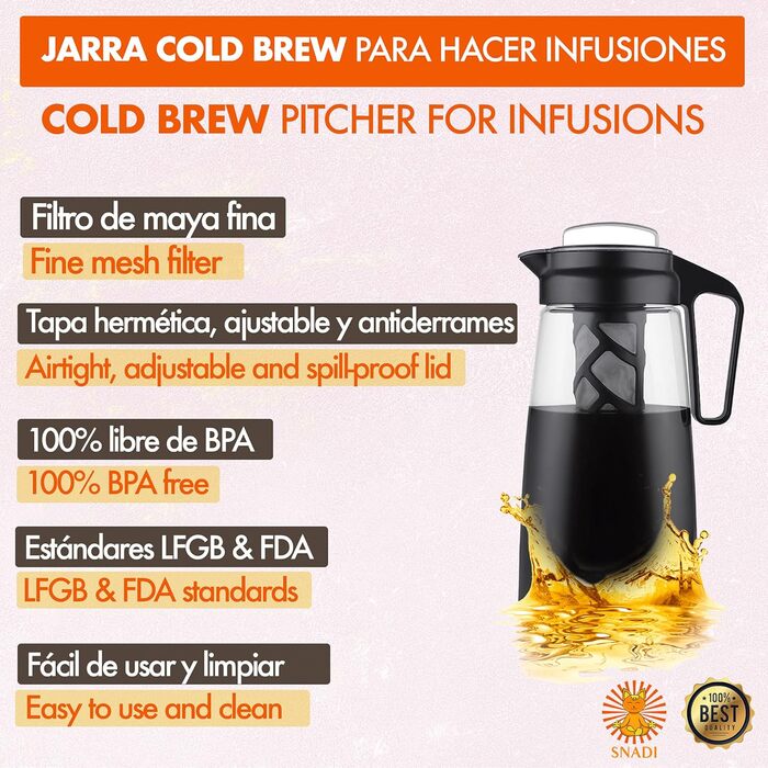 Глечик для холодного заварювання - 2-літровий заварювач (кавоварка холодного заварювання) з тонким сітчастим фільтром і герметичною кришкою з трітану 100 без бісфенолу А 2000 мл