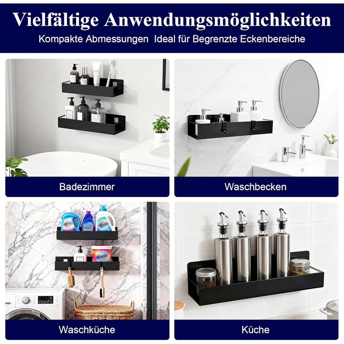 Полиці для душу без свердління, чорні, водостійкий органайзер для ванної кімнати, полиця для шампуню та гелю для душу, кошик для душу з матового чорного металу з тримачем та 4 гачками, 2