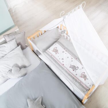 Дитяче ліжечко roba Side-by-Side 60 x 120 см - Jumbotwins - Прикріплене дитяче ліжечко - Включає матрац, постільну білизну, балдахін у формі слона - Мобільне та регульоване по висоті - Натуральне дерево / Jumbotwins