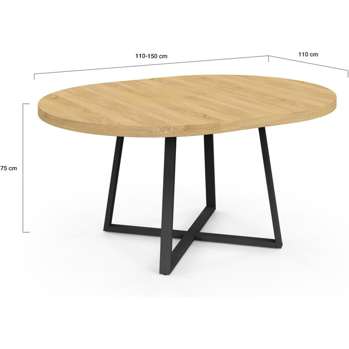 Розкладний круглий обідній стіл Selma, 4-8 осіб, дерево та чорний колір, 110-150 см