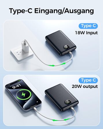 Зовнішній зарядний пристрій, міні-зовнішній зарядний пристрій 22,5 Вт 20000 мАг (вхід та вихід USB-C), зовнішній акумулятор для мобільних телефонів PD 3.0 QC 3.0 зі світлодіодним дисплеєм, сумісний з iPhone 16 15 14 13 чорний 20000 мАг