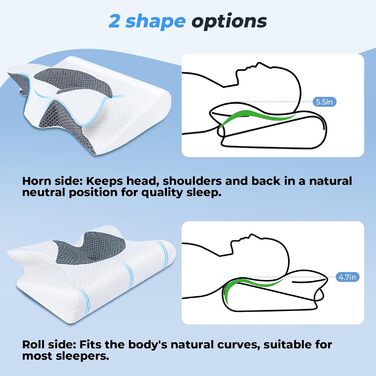 Подушка для шиї SAHEYER з піни з ефектом пам&39яті, подушка для підтримки шиї 2 в 1, подушка для голови для сну на боці, животі та спині, з пральною та дихаючою наволочкою, 59 * 43 * 12/15 см, сіро-біло-сіра