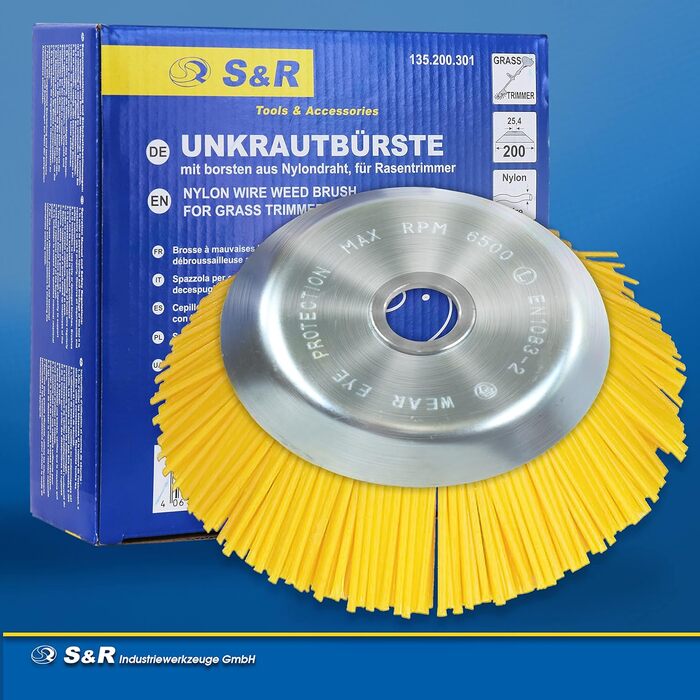 Конічна щітка S&R, щітка для бур'янів 200 мм x 25,4 мм, нейлонова щетина, нейлонова щітка, м'яка щітка для тримерів для газону, мотокоса, кущоріз проти бур'янів, моху, бруду