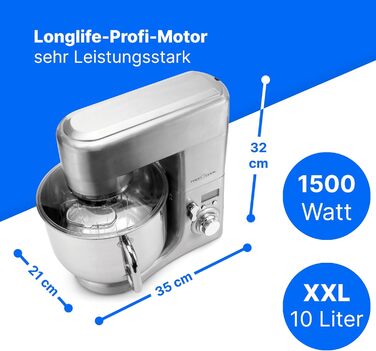 Кухонний комбайн ProfiCook з чашею з нержавіючої сталі XXXL Міксер 10 л з двигуном 1500 Вт Тістомісильна машина з гаком і віночком Машина для замішування тіста Захист від бризок з отвором для наповнення PC-KM 1096 Нержавіюча сталь 10 літрів