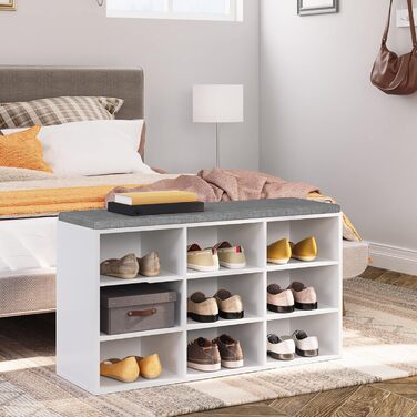 Комплект полиць для взуття HOOBRO, лава для взуття з 9 гачками, полиця для взуття з м&39якою лавкою, настінна вішалка для пальто з 9 гачками, шафа для взуття для коридору, вхідної зони, спальні, білий EWT89HX01 білий сірий 80 см x 30 см x 48 см (Д x Ш x В