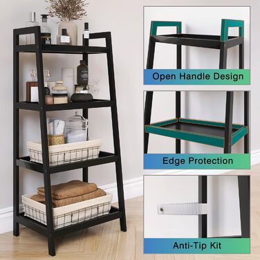 Бамбукова книжкова полиця SMIBUY з драбиною, органайзер для полиць у ванній кімнаті, окремостояча підставка для рослин, компактні полиці для спальні, кухні, балкону (чорна, 4 полиці (99 см заввишки)) Чорна 4 полиці (99 см заввишки)