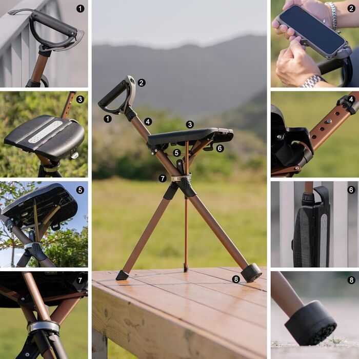 Стілець Ta-Da серії 2 PRO MAX - Тростина з сидінням, легка алюмінієва рама та міцний складний стілець (до 182 кг), складна конструкція, ідеально підходить для походів та активного відпочинку, регульована висота