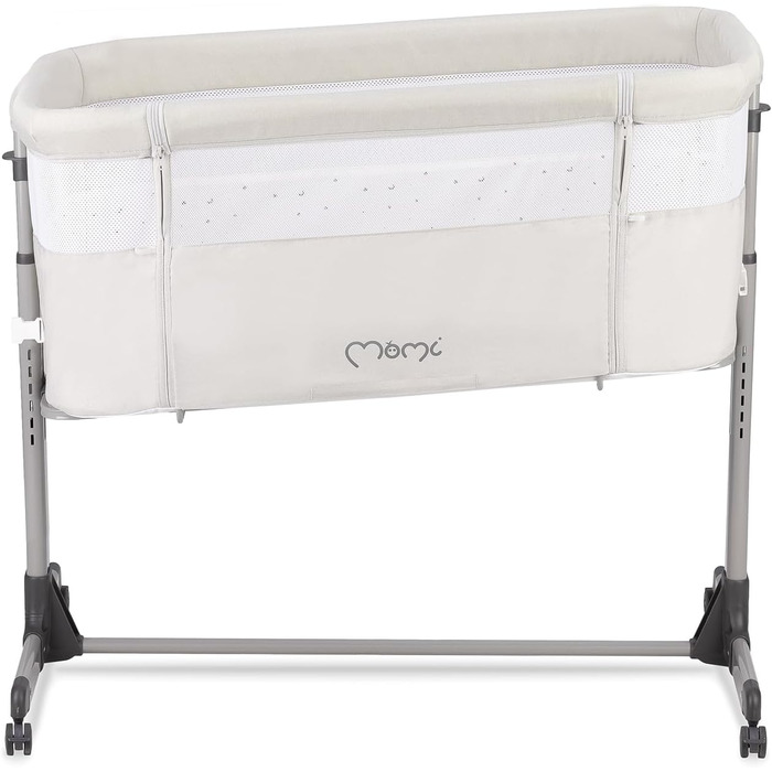 Багатофункціональне приліжкове та дитяче ліжко Momi REVO, 6-рівневе регулювання висоти від 72 до 82 см, з колесами, включаючи матрац, кріпильні ремені, сітку від комах та ручку з іграшками