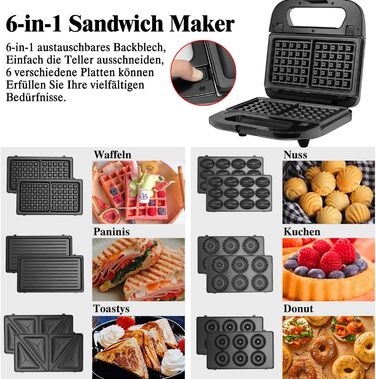 Багатофункціональний набір бутербродниць SUPERLEX 6-в-1, для сендвіч-тостера Контактний гриль Вафельниця Кекс 2 скибочки з антипригарним покриттям, двостороннє випікання при постійній температурі, набір 6-в-1 без бісфенолу А