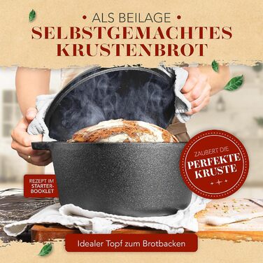 Чавунний горщик KRUSTENZAUBER включаючи виделку для м'яса - Міцна чавунна каструля 26 см з кришкою, підходить для духовки - ідеаль